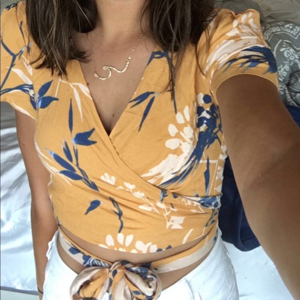 Tropical orange floral wrap top